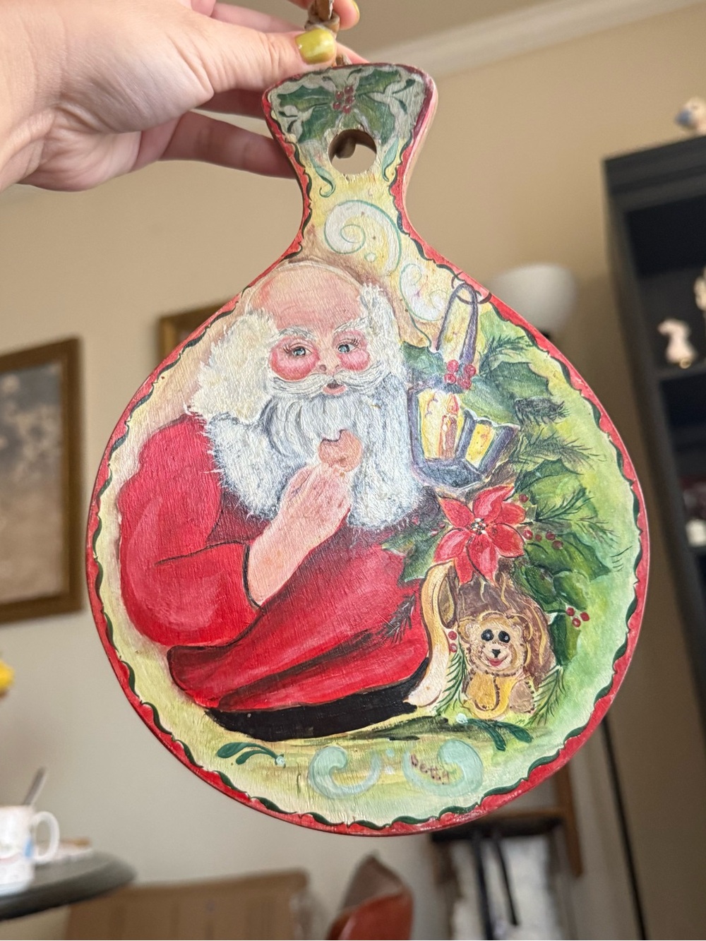 Vintage Hand Painted Santa on Wood Cutting Board Ornament Folk Art Christmas